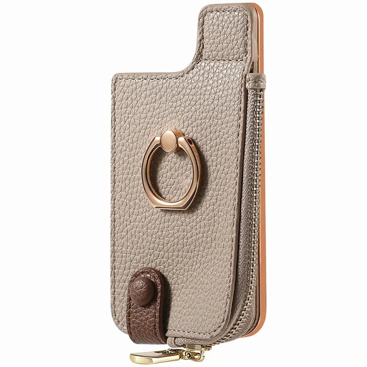RFID Blocking Phone Card Bag Zipper Wallet Litchi Texture Leather Ring Card Holder