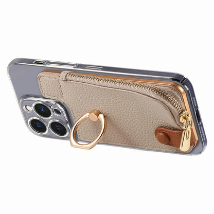 RFID Blocking Phone Card Bag Zipper Wallet Litchi Texture Leather Ring Card Holder