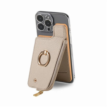 RFID Blocking Phone Card Bag Zipper Wallet Litchi Texture Leather Ring Card Holder