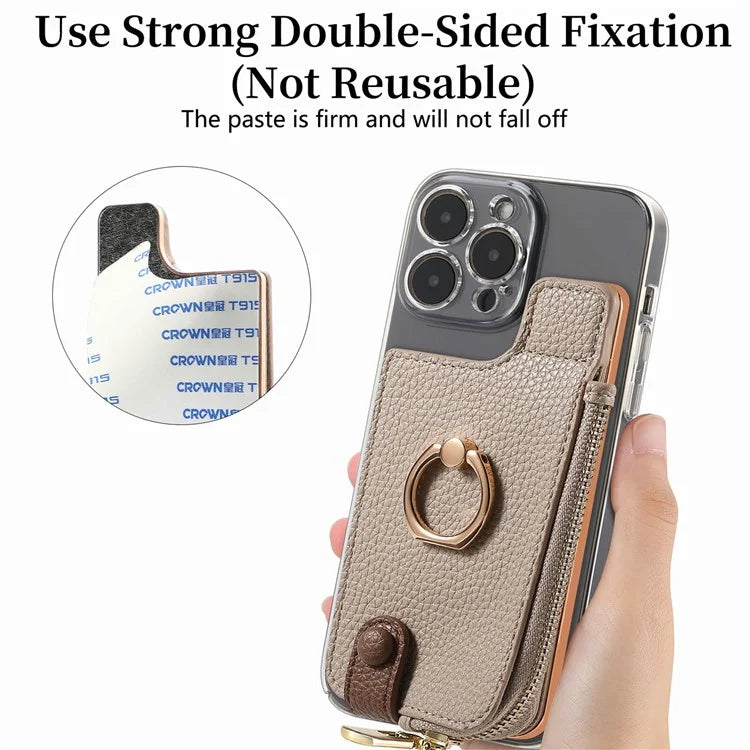 RFID Blocking Phone Card Bag Zipper Wallet Litchi Texture Leather Ring Card Holder
