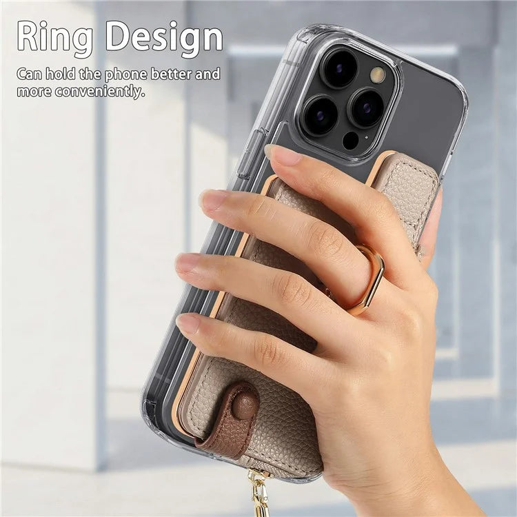 RFID Blocking Phone Card Bag Zipper Wallet Litchi Texture Leather Ring Card Holder