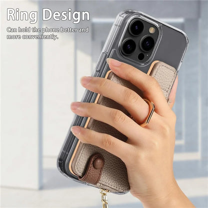 RFID Blocking Phone Card Bag Zipper Wallet Litchi Texture Leather Ring Card Holder