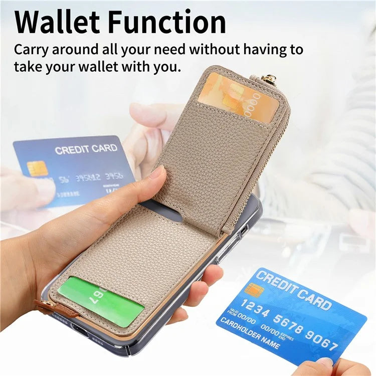 RFID Blocking Phone Card Bag Zipper Wallet Litchi Texture Leather Ring Card Holder