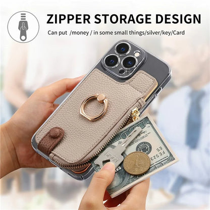 RFID Blocking Phone Card Bag Zipper Wallet Litchi Texture Leather Ring Card Holder