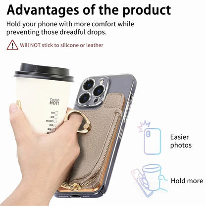 RFID Blocking Phone Card Bag Zipper Wallet Litchi Texture Leather Ring Card Holder