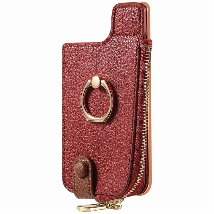 RFID Blocking Phone Card Bag Zipper Wallet Litchi Texture Leather Ring Card Holder