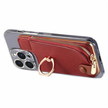 RFID Blocking Phone Card Bag Zipper Wallet Litchi Texture Leather Ring Card Holder