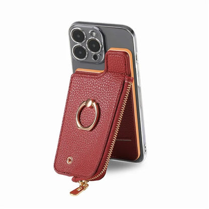 RFID Blocking Phone Card Bag Zipper Wallet Litchi Texture Leather Ring Card Holder