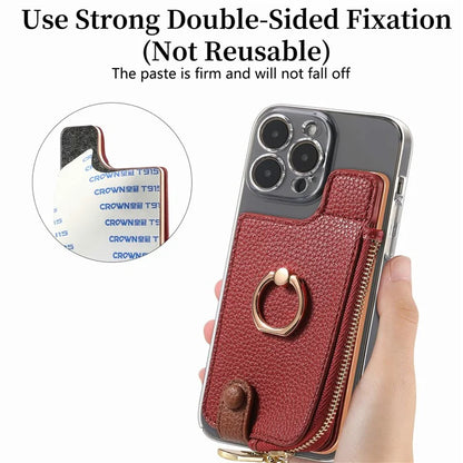 RFID Blocking Phone Card Bag Zipper Wallet Litchi Texture Leather Ring Card Holder