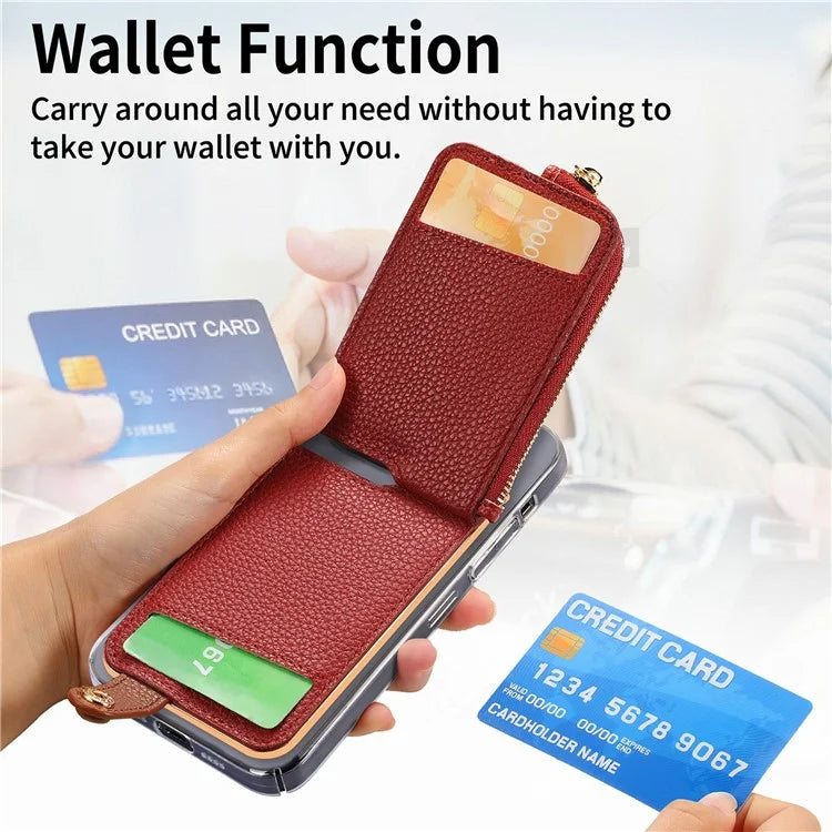 RFID Blocking Phone Card Bag Zipper Wallet Litchi Texture Leather Ring Card Holder