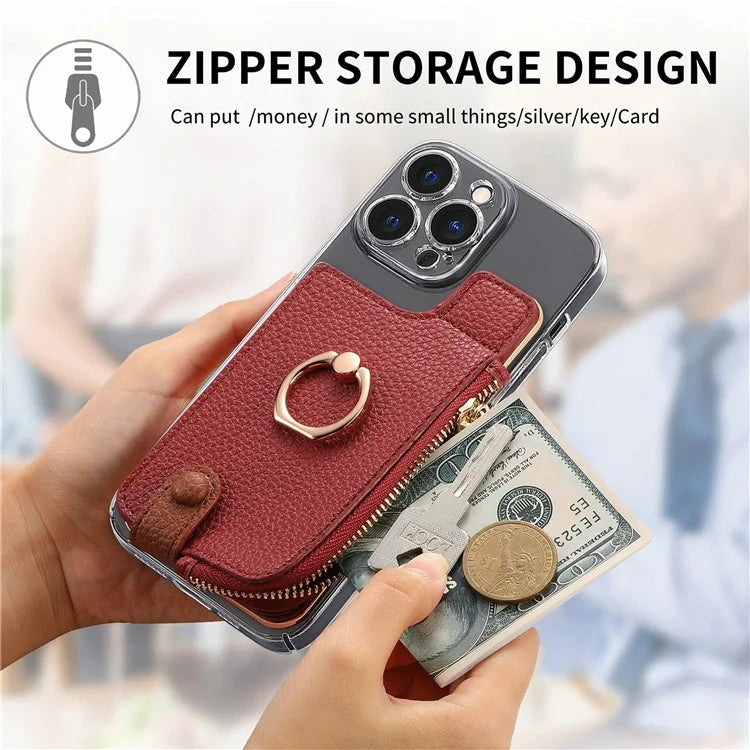 RFID Blocking Phone Card Bag Zipper Wallet Litchi Texture Leather Ring Card Holder