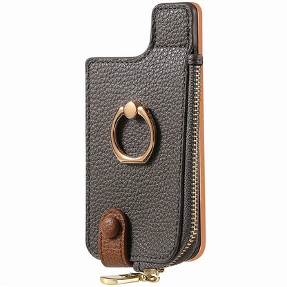 RFID Blocking Phone Card Bag Zipper Wallet Litchi Texture Leather Ring Card Holder