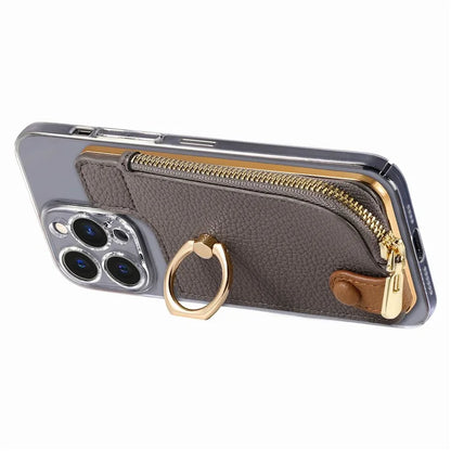 RFID Blocking Phone Card Bag Zipper Wallet Litchi Texture Leather Ring Card Holder
