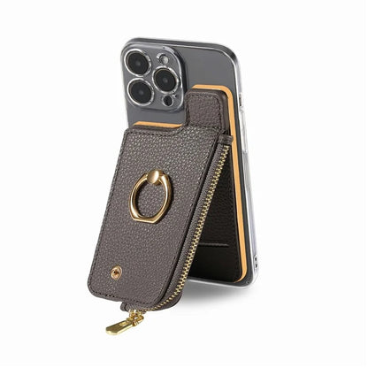 RFID Blocking Phone Card Bag Zipper Wallet Litchi Texture Leather Ring Card Holder