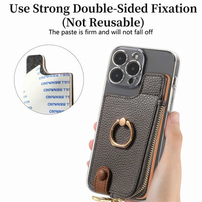 RFID Blocking Phone Card Bag Zipper Wallet Litchi Texture Leather Ring Card Holder