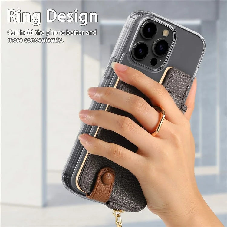 RFID Blocking Phone Card Bag Zipper Wallet Litchi Texture Leather Ring Card Holder