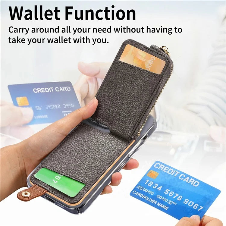 RFID Blocking Phone Card Bag Zipper Wallet Litchi Texture Leather Ring Card Holder