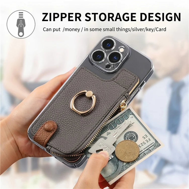 RFID Blocking Phone Card Bag Zipper Wallet Litchi Texture Leather Ring Card Holder