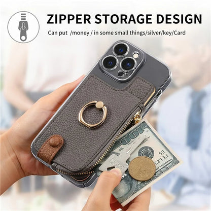 RFID Blocking Phone Card Bag Zipper Wallet Litchi Texture Leather Ring Card Holder