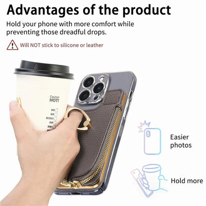 RFID Blocking Phone Card Bag Zipper Wallet Litchi Texture Leather Ring Card Holder