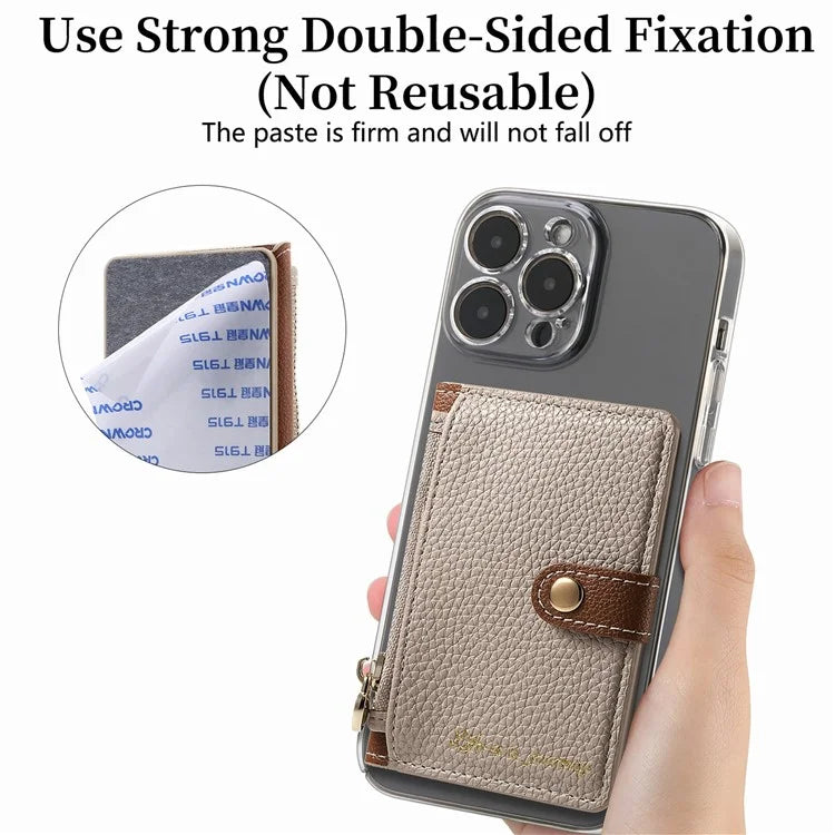 PU Leather Phone Card Bag Adhesive Kickstand Zipper Card Holder