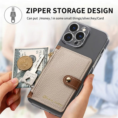 PU Leather Phone Card Bag Adhesive Kickstand Zipper Card Holder