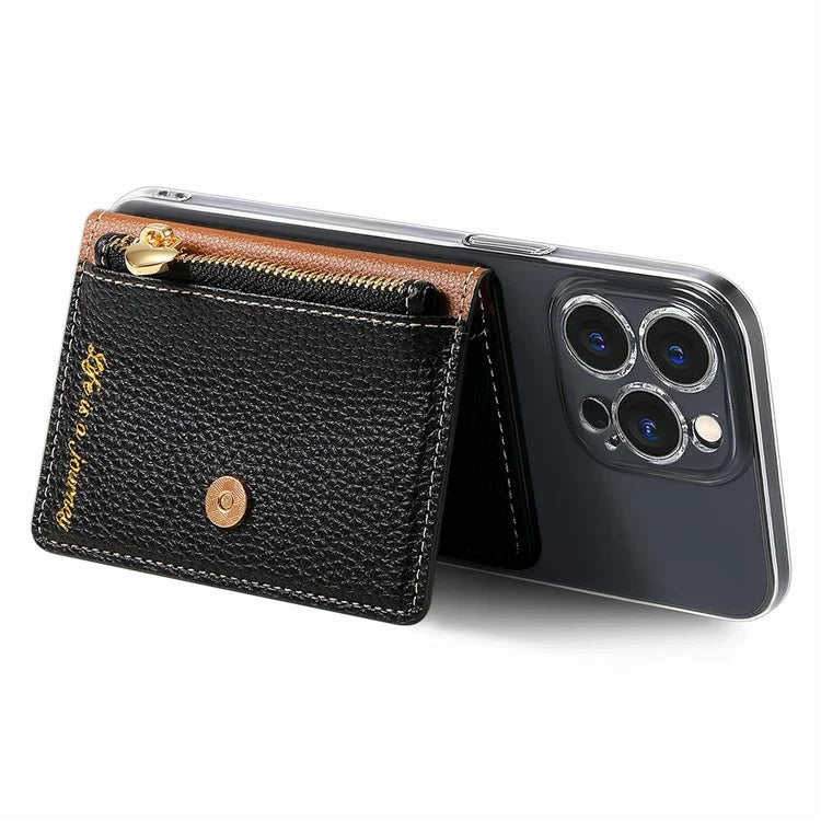 PU Leather Phone Card Bag Adhesive Kickstand Zipper Card Holder