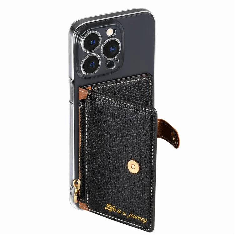 PU Leather Phone Card Bag Adhesive Kickstand Zipper Card Holder