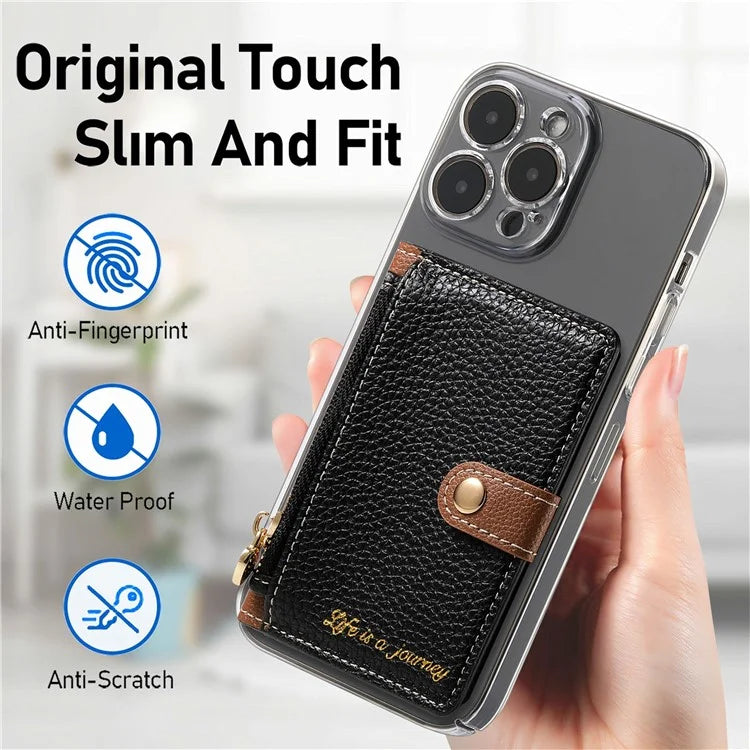 PU Leather Phone Card Bag Adhesive Kickstand Zipper Card Holder
