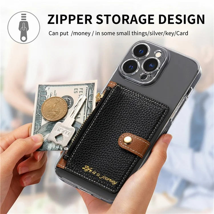 PU Leather Phone Card Bag Adhesive Kickstand Zipper Card Holder