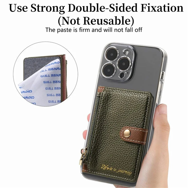 PU Leather Phone Card Bag Adhesive Kickstand Zipper Card Holder