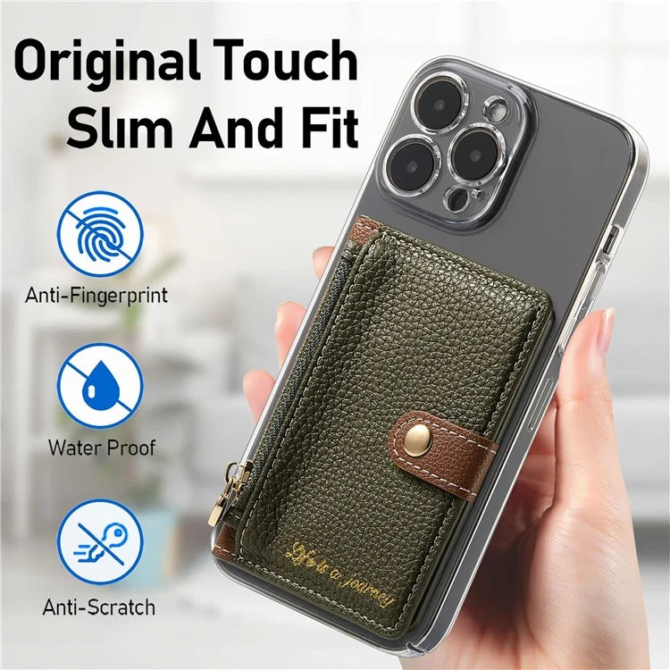 PU Leather Phone Card Bag Adhesive Kickstand Zipper Card Holder