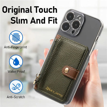 PU Leather Phone Card Bag Adhesive Kickstand Zipper Card Holder