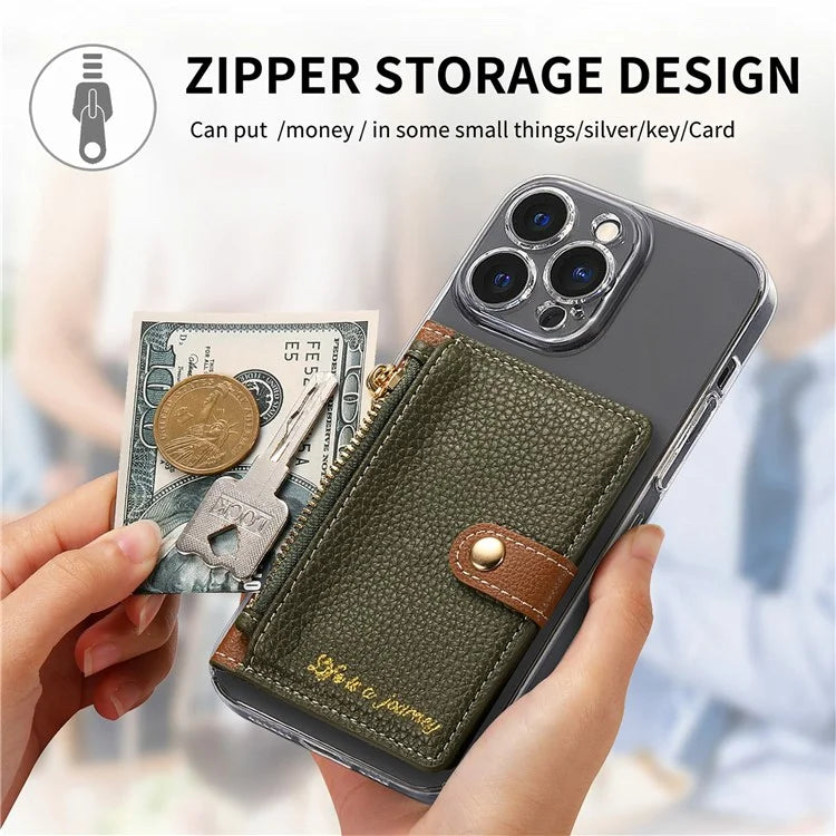 PU Leather Phone Card Bag Adhesive Kickstand Zipper Card Holder