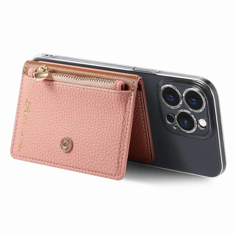 PU Leather Phone Card Bag Adhesive Kickstand Zipper Card Holder