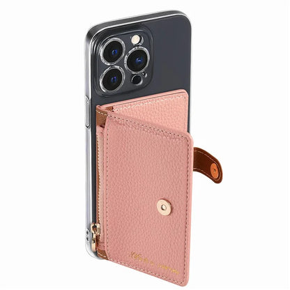 PU Leather Phone Card Bag Adhesive Kickstand Zipper Card Holder