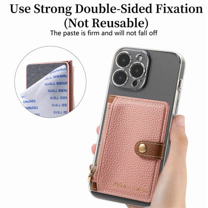 PU Leather Phone Card Bag Adhesive Kickstand Zipper Card Holder