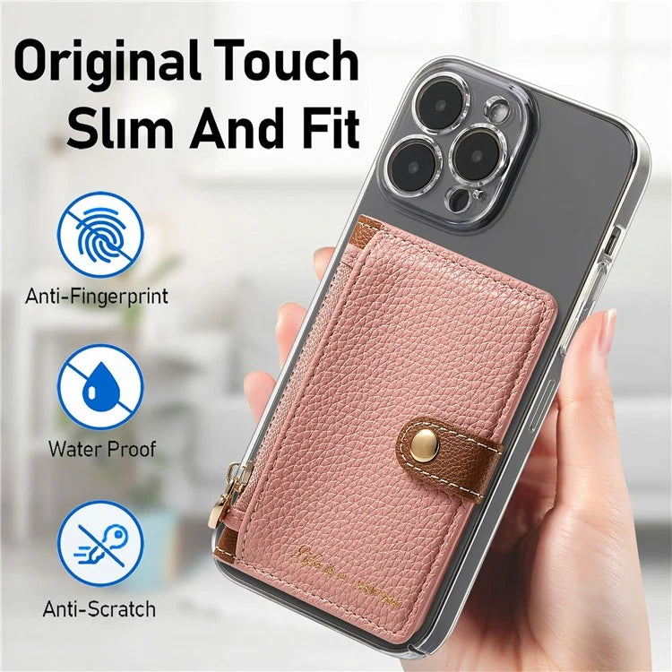 PU Leather Phone Card Bag Adhesive Kickstand Zipper Card Holder