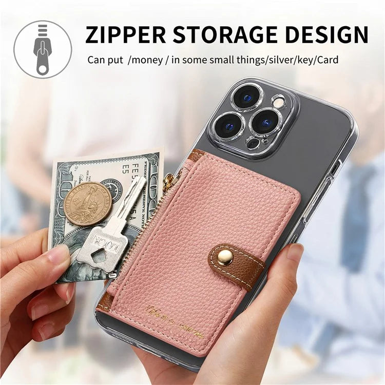 PU Leather Phone Card Bag Adhesive Kickstand Zipper Card Holder