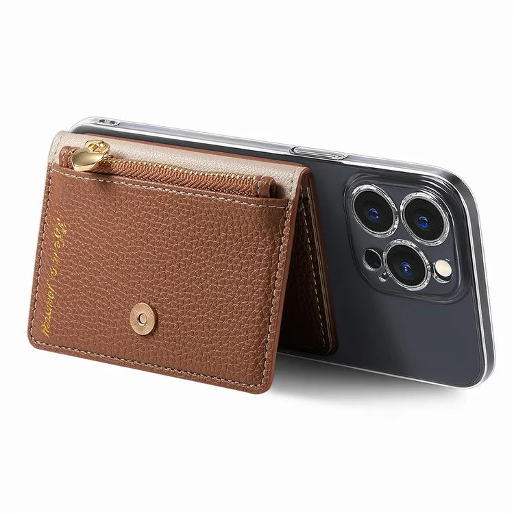 PU Leather Phone Card Bag Adhesive Kickstand Zipper Card Holder