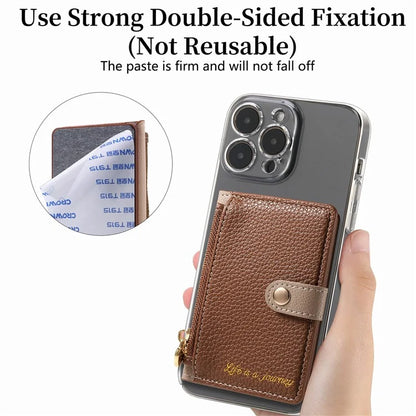 PU Leather Phone Card Bag Adhesive Kickstand Zipper Card Holder