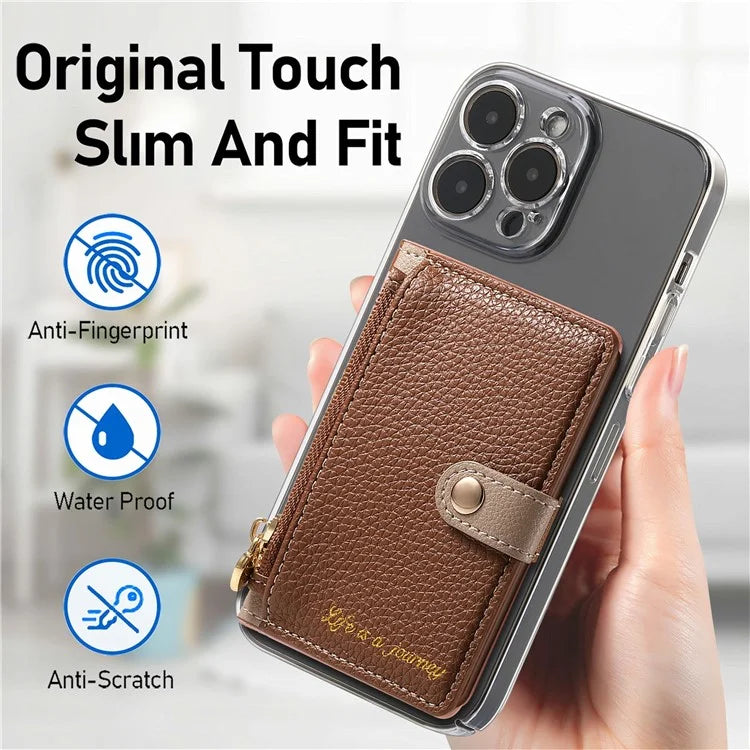 PU Leather Phone Card Bag Adhesive Kickstand Zipper Card Holder