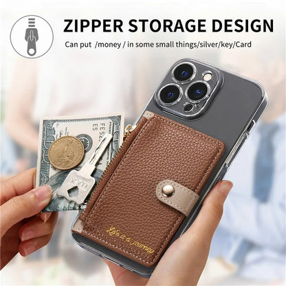 PU Leather Phone Card Bag Adhesive Kickstand Zipper Card Holder