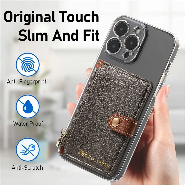 PU Leather Phone Card Bag Adhesive Kickstand Zipper Card Holder