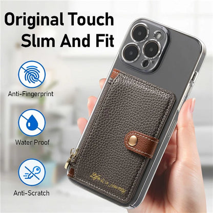 PU Leather Phone Card Bag Adhesive Kickstand Zipper Card Holder