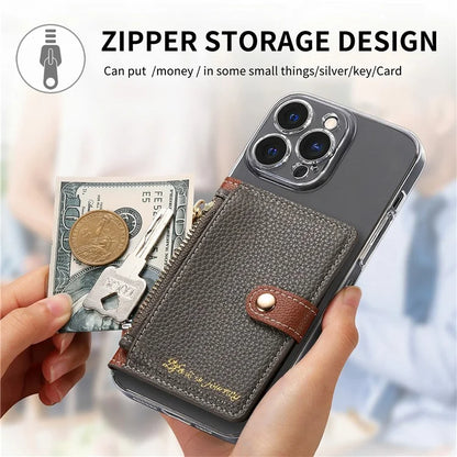 PU Leather Phone Card Bag Adhesive Kickstand Zipper Card Holder