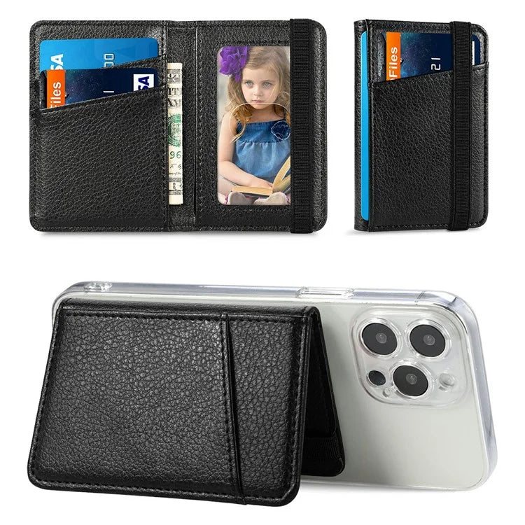 Adhesive Phone Card Bag Wallet Litchi Texture Leather Kickstand Card Holder