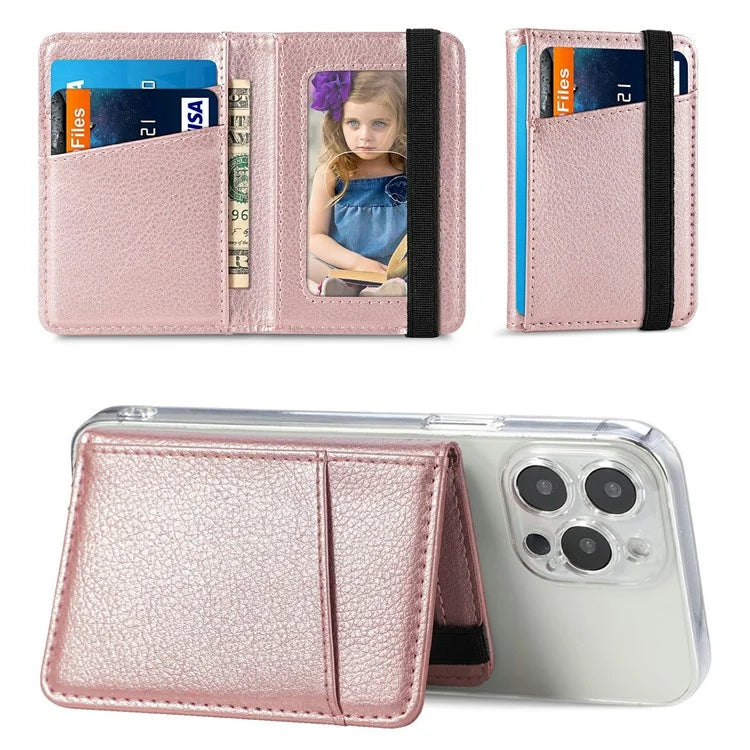 Adhesive Phone Card Bag Wallet Litchi Texture Leather Kickstand Card Holder