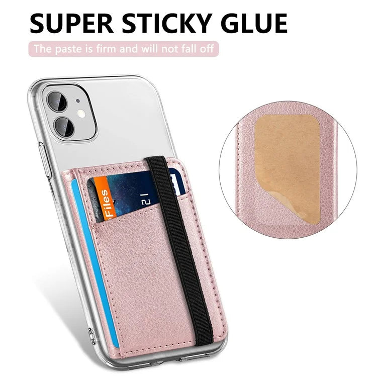 Adhesive Phone Card Bag Wallet Litchi Texture Leather Kickstand Card Holder