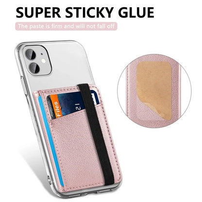 Adhesive Phone Card Bag Wallet Litchi Texture Leather Kickstand Card Holder